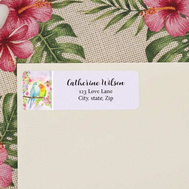 Étiquette Oiseaux d'amour à l'aquarelle avec fleurs roses (Créateur téléchargé)