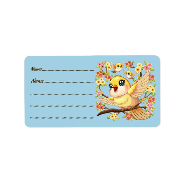 Étiquette Oiseaux mignons et heureux parmi les fleurs du pri (Devant)