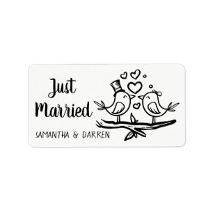 Étiquette Oiseaux Noir Blanc Lovebirds Mariage Juste Marié