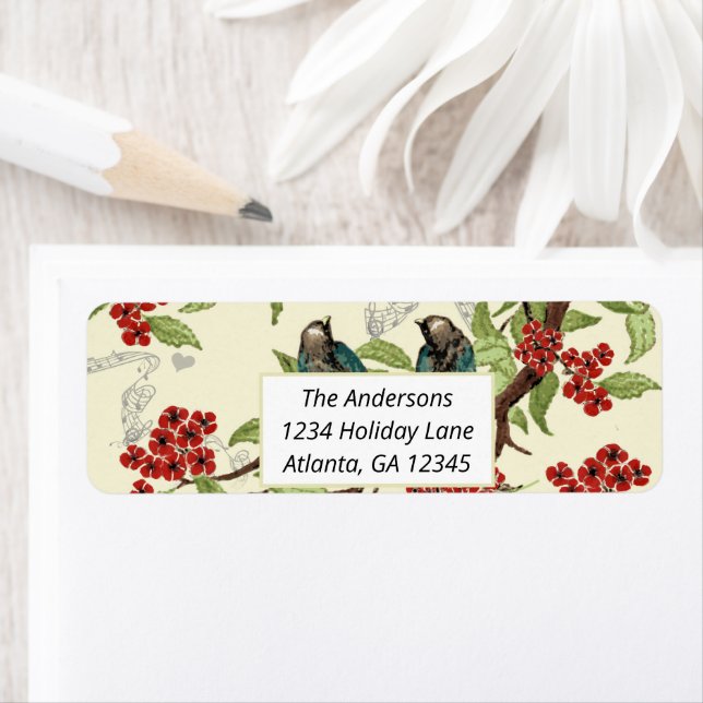 Étiquette Oiseaux Turquoises vintages Bourgogne Arbres print (En situation)