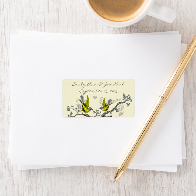 Étiquette Oiseaux Vintage Jaune & Gris Adresse RSVP (En situation)
