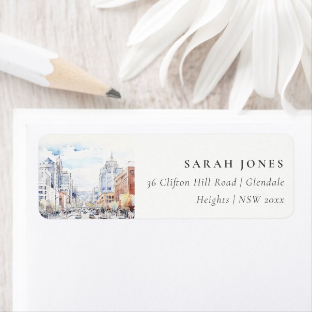 Étiquette Omaha Nebraska Watercolor Landscape Address (En situation)