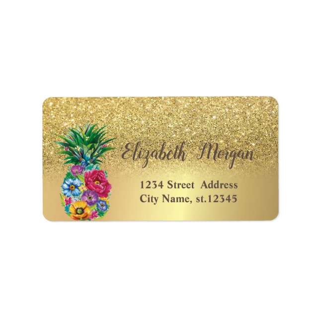 Étiquette Ombre Floral Élégant Glitter Doré Ananas (Devant)