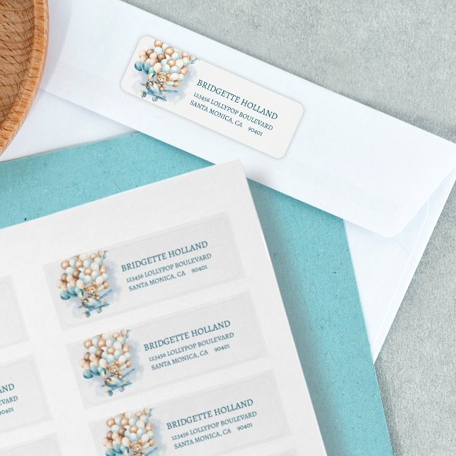 Étiquette On peut attendre le Baby shower Bleu Ballons (We can bearly wait address labels, baby shower, cute teddy bear, blue balloons)