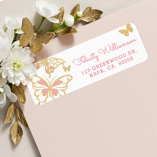 Étiquette Or assez mignon chic magique et papillons roses