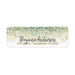 Étiquette Or Blanc et Bleu Sarcelle Paillettes Moderne Glamo