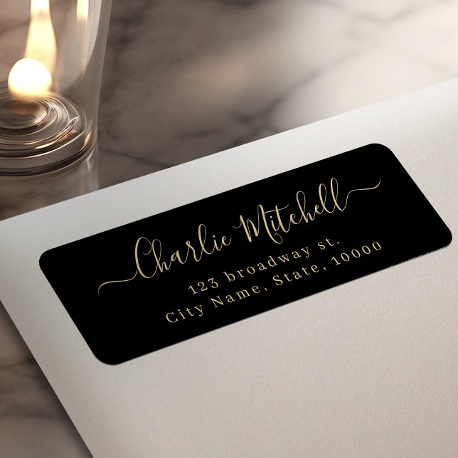 Étiquette Or noir écriture moderne élégante adresse de retou (Black Gold Modern elegant script return address Label)