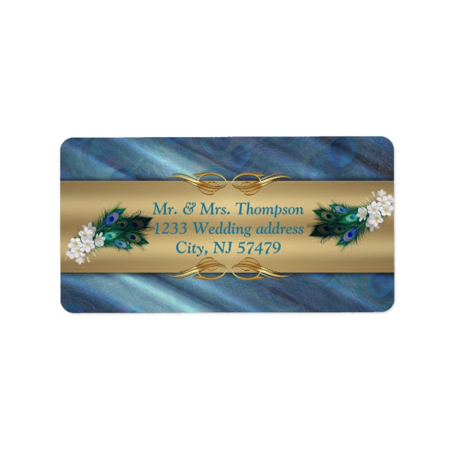 Étiquette Or, plumes de paon sur soie vert émeraude (Devant)