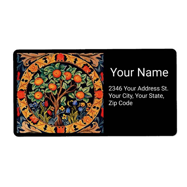 ÉTIQUETTE ORANGE ARBRE AVEC FEUILLES VERTS, FLEURS (Devant)