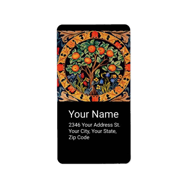 Étiquette ORANGE ARBRE AVEC FEUILLES VERTS, FLEURS Noir (Devant)