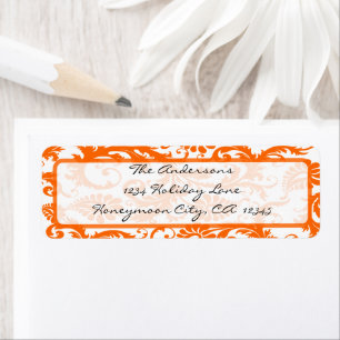 Étiquette Orange Coral Damask Black Calligraphie Adresse