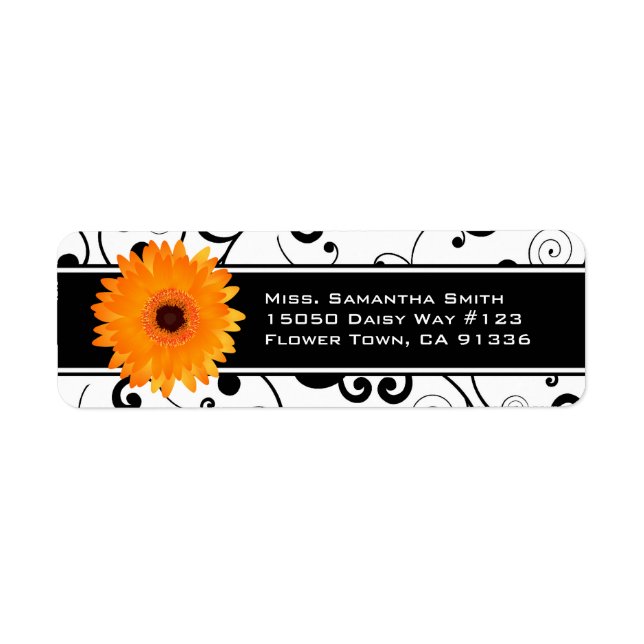 Étiquette Orange Gerbera Daisy Noir & Blanc Scroll (Devant)