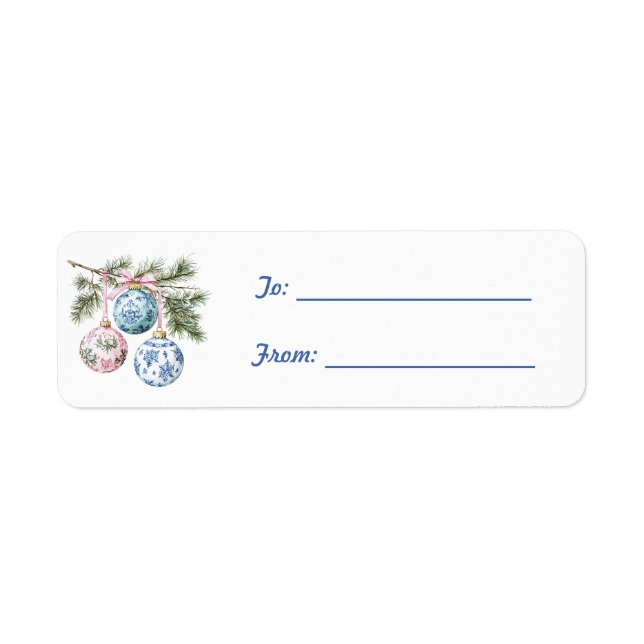 Étiquette Ornements de Noël Bleu Blanc Rose   (Devant)