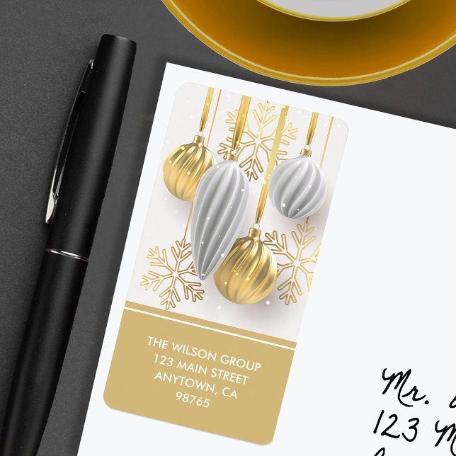 Étiquette Ornements de Noël Gold White Adresse de retour (Gold White Christmas Ornaments Return Address Labels)