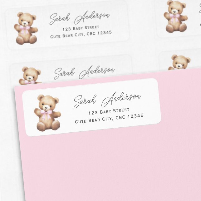Étiquette Ours en peluche avec ruban rose Baby Girl Douche (Pink Teddy Bear Return Labels.)