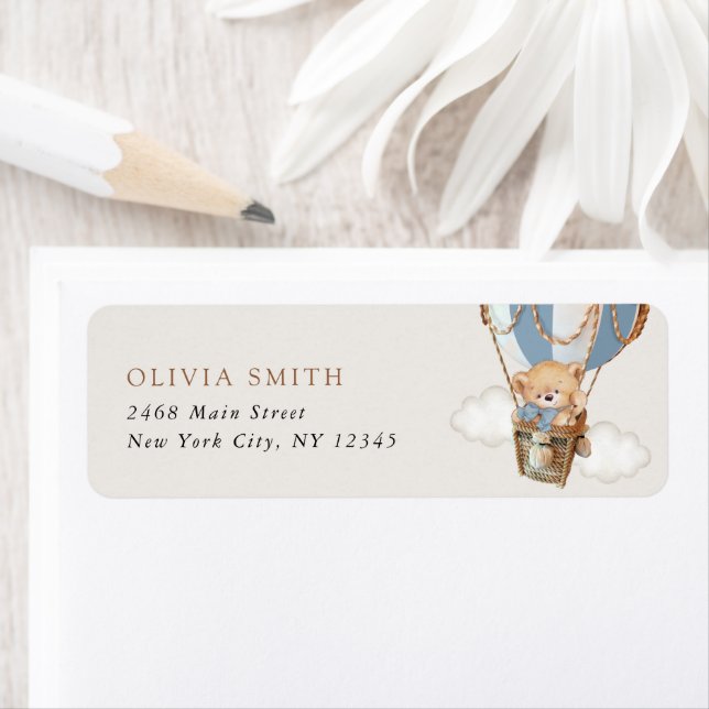 Étiquette Ours en peluche, Bleu à air chaud, Baby shower (En situation)
