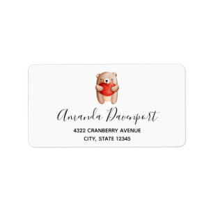 Étiquette Ours en peluche mignon portant un coeur rouge