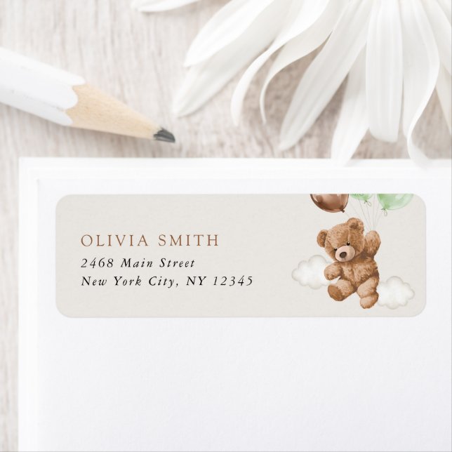 Étiquette ours en peluche, ours bébé, ballons verts, Baby sh (En situation)