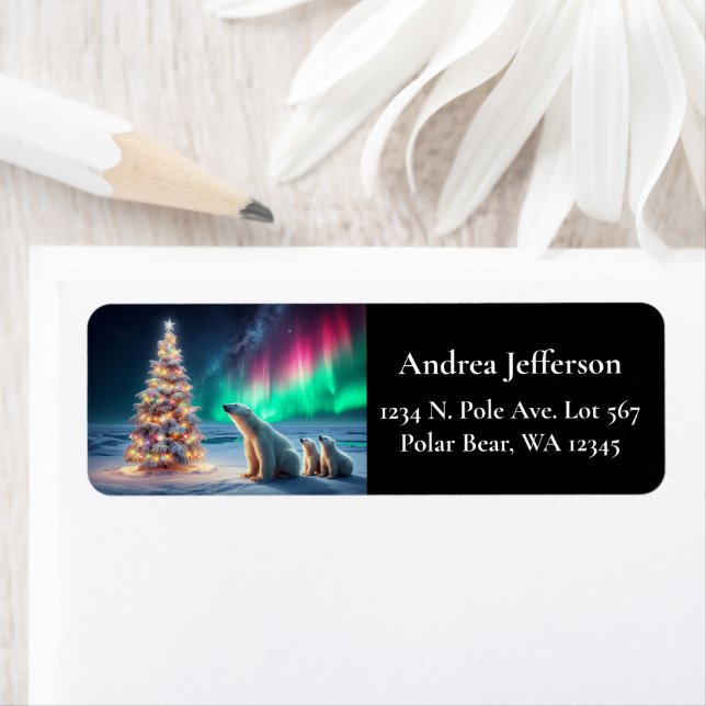 Étiquette Ours Polaire Maman Cubs Arbre de Noël Lumières du  (En situation)