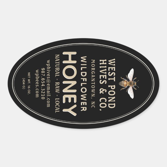 Étiquette Oval Queenline de miel Jar avec abeille  (Devant)