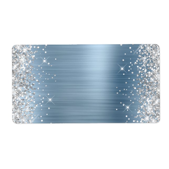 Étiquette Paillettes Argentées Bleu Clair Feuille (Devant)
