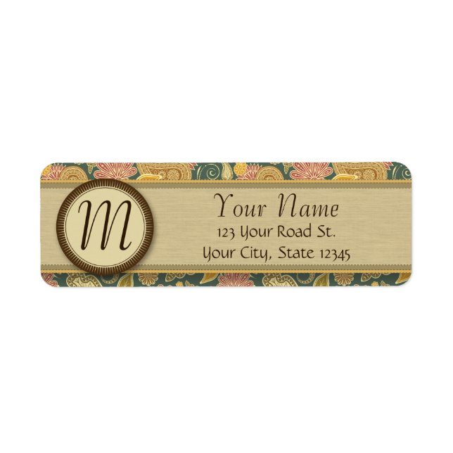 Étiquette Paisley et Fleurs de ventilateur avec Monogramme (Devant)