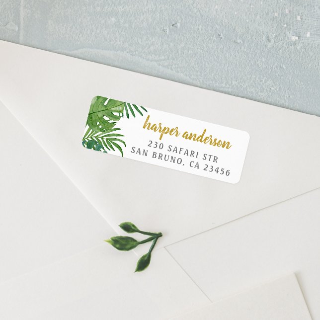 Étiquette Palm & Monstera | Gold Name Modern Return Adresse (Return Address Label Mock-up)