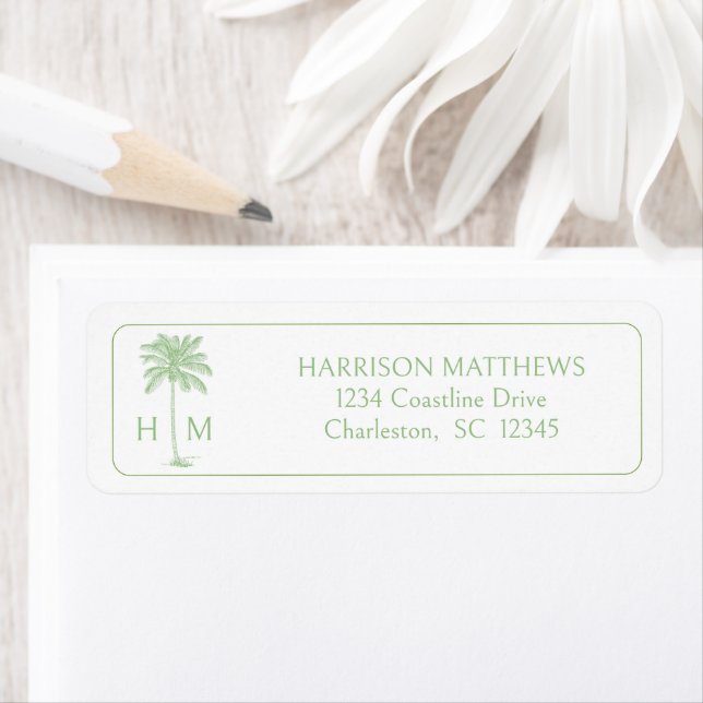 Étiquette Palmetto Palm Monogramme Côtière Verte (En situation)