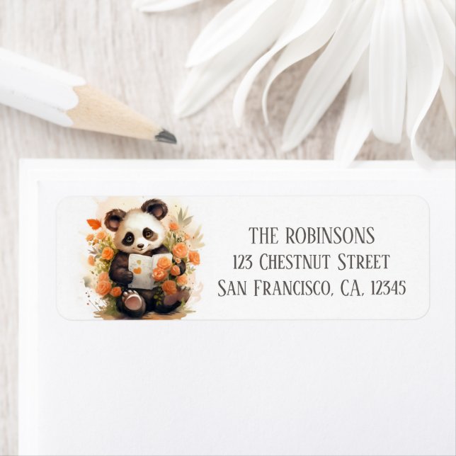 Étiquette Panda aquarelle de printemps - Adresse de retour (En situation)