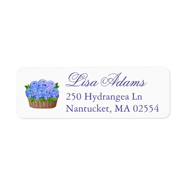 Étiquette Panier de fleurs d'hortensia bleue, cadeau de mari (Devant)