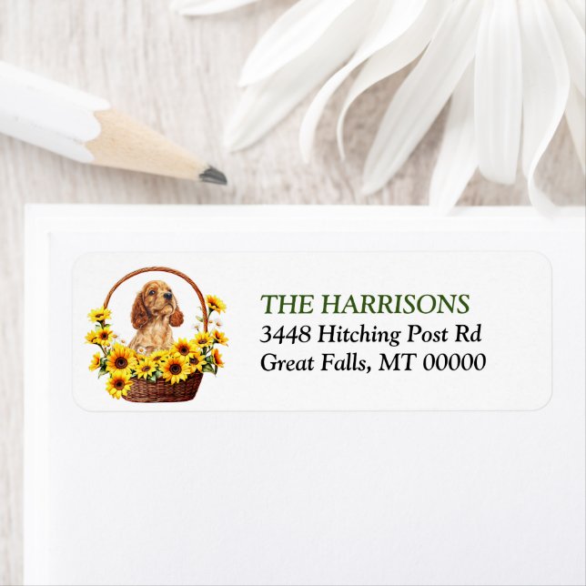 Étiquette Panier de tournesol Cocker Spaniel Puppy (En situation)