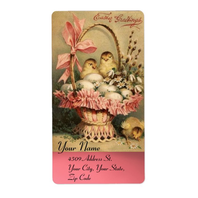 ÉTIQUETTE PANIER ÉLÉGANT, POULET, FLEURS ET OEUFS DE PÂQUES (Devant)