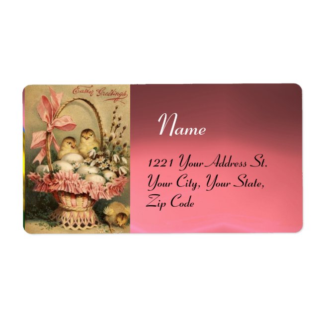 ÉTIQUETTE PANIER ÉLÉGANT, POULET, FLEURS ET OEUFS DE PÂQUES (Devant)