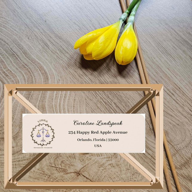 Étiquette Panneau Zodiac Gold Libra, Adresse florale Embossé (Créateur téléchargé)