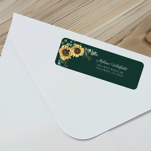 Étiquette Papier à lettre Sunflower Eucalyptus Script (Sunflower Floral Eucalyptus Green Return Address Label)