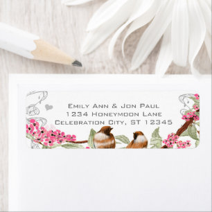 Étiquette Papier à lettre vintage oiseaux rose fleurs de cer