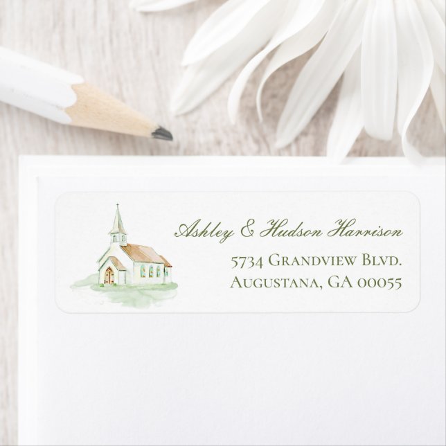 Étiquette Papier à lettres de retour de chapelle à l'aquarel (En situation)