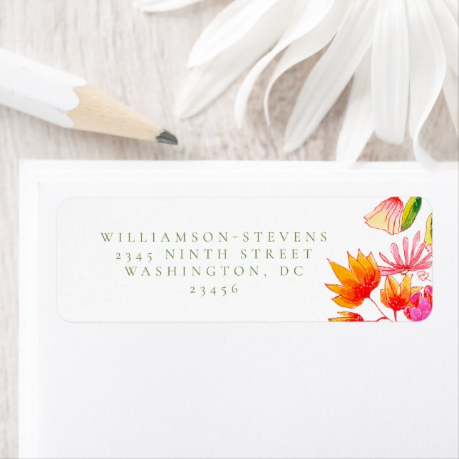 Étiquette Papier à lettres floral aquarelle rose vert orange (En situation)