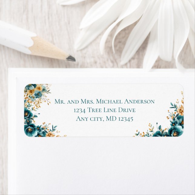 Étiquette Papier à lettres floral aquarelle sarcelle et or A (En situation)