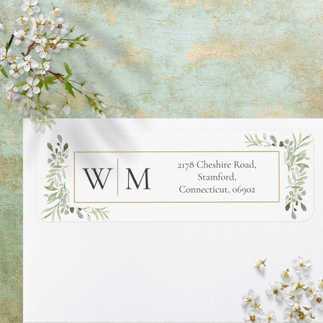 Étiquette Papier à lettres Monogramme de Feuillage de verdur (Monogram Greenery Watercolor Foliage Address Label)