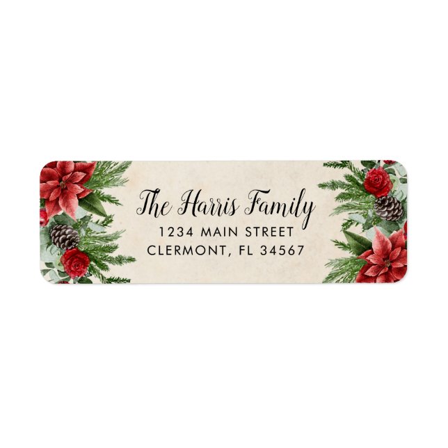 Étiquette Papier de parchemin Pinecone d'épinette et Poinset (Devant)