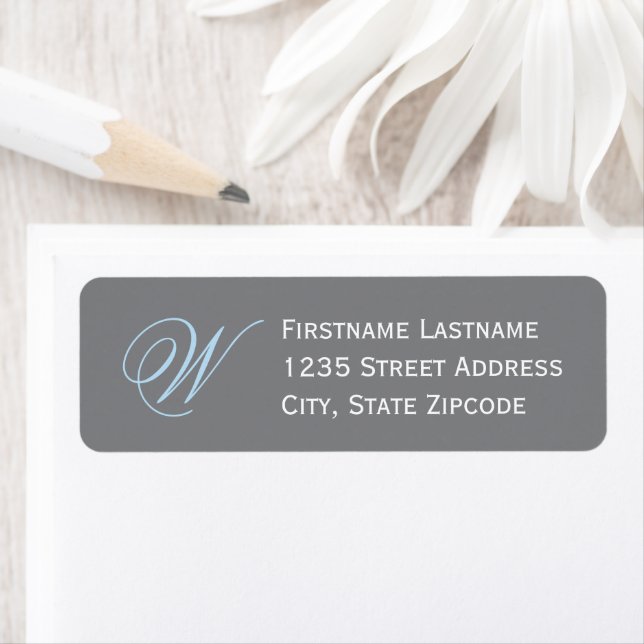 Étiquette Papier Élegant Adresse Monogramme Gris Bleu (En situation)