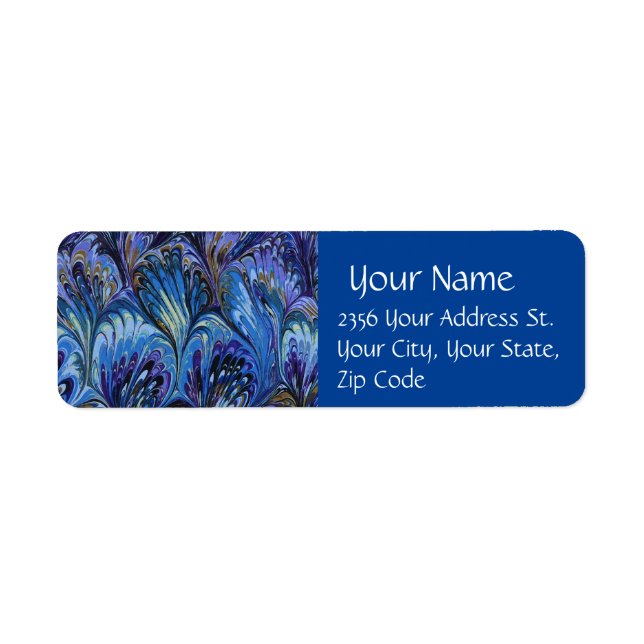 ÉTIQUETTE PAPIER MARBÉ, MOTIF ABSTRAIT BLEU PEACOCK, EAUX (Devant)