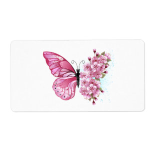 Étiquette Papillon à fleurs avec Sakura rose