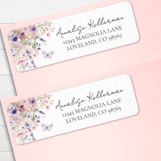 Étiquette Papillon Adresse de Retour Fleur Sauvage (Butterfly Wildflower Return Address label)