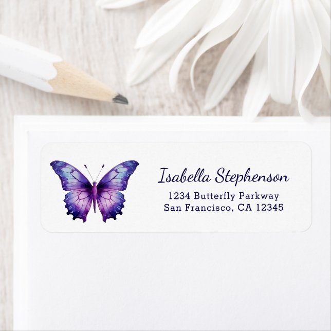 Étiquette Papillon aquarelle violet simple Adresse de retour (En situation)