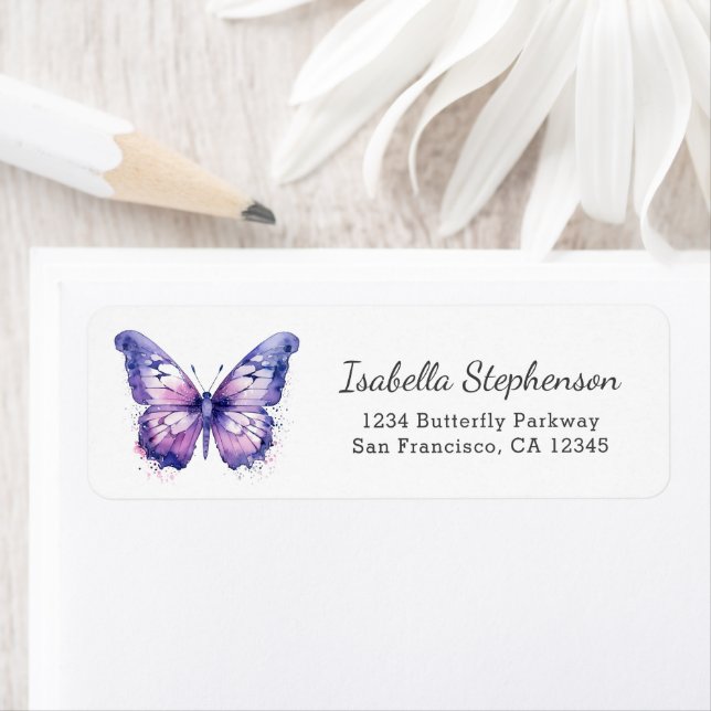 Étiquette Papillon aquarelle violet simple Adresse de retour (En situation)