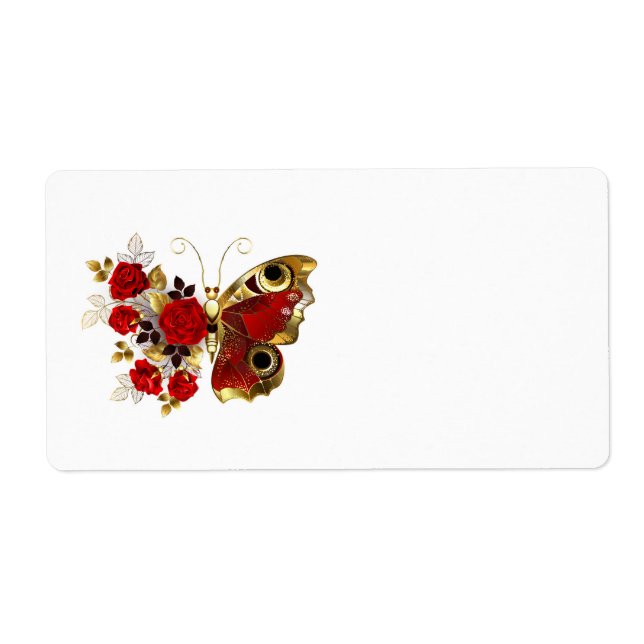 Étiquette Papillon de fleurs rouges aux roses rouges (Devant)
