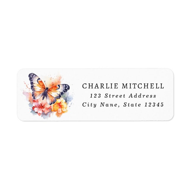 Étiquette Papillon et fleurs aquarelle adresse de retour (Devant)