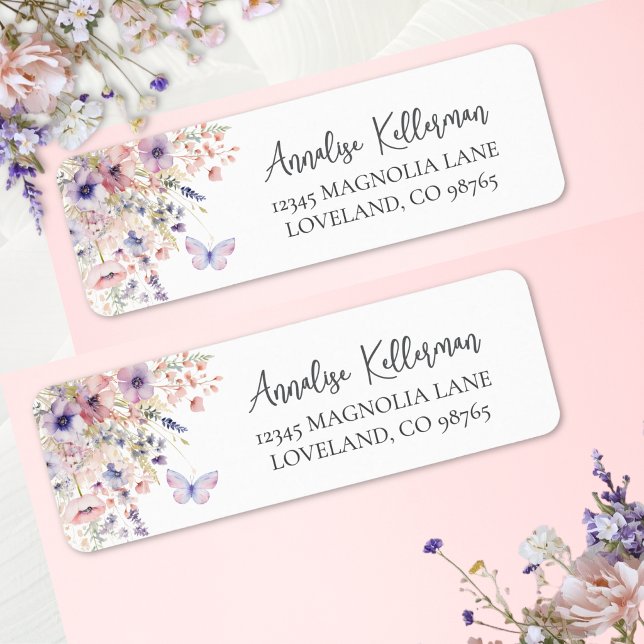 Étiquette Papillon Fleur Sauvage Adresse de Retour (Butterfly Wildflower Return Address Label )